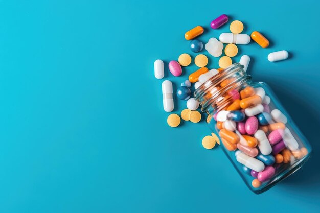 Glass Bottle of Pills is surrounded by a pile of colorful pills