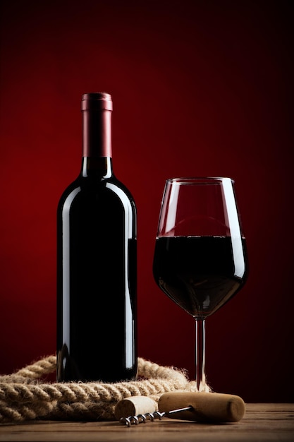 Glass and bottle of red wine over a red background close upxA