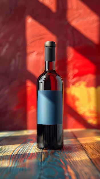 A glass bottle of red wine rests on a wooden table