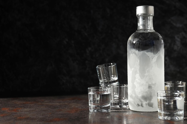 Glass bottle and shot glasses on black background space for text