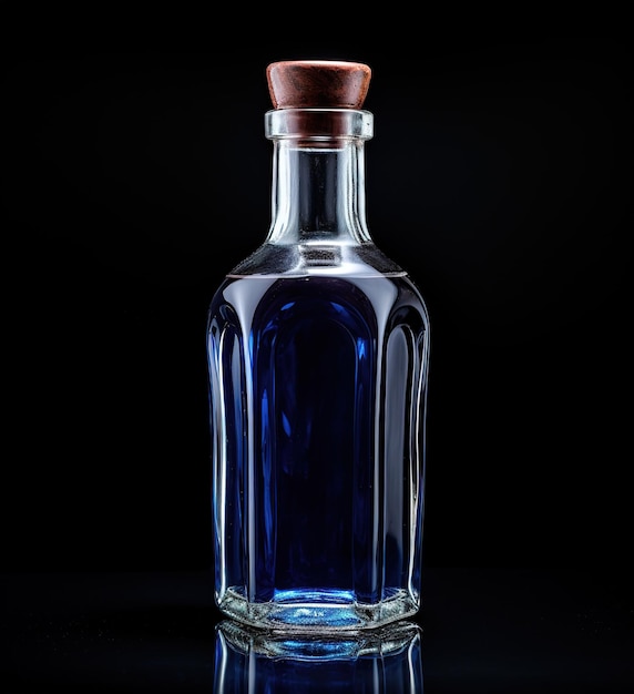 Glass bottle of vodka gin rum liqueur or tequila in neon studio light isolated on black background