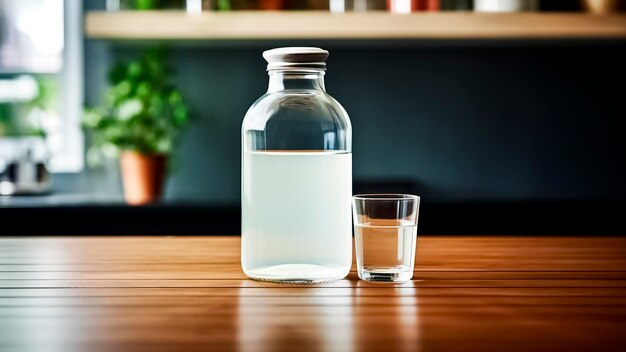 Glass bottle of vodka and a glass of water on a wooden table