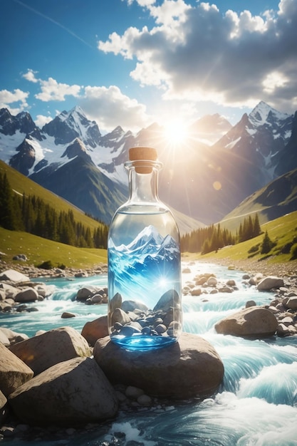 A glass bottle of water on the background of high beautiful mountains the sun is shining in the sky
