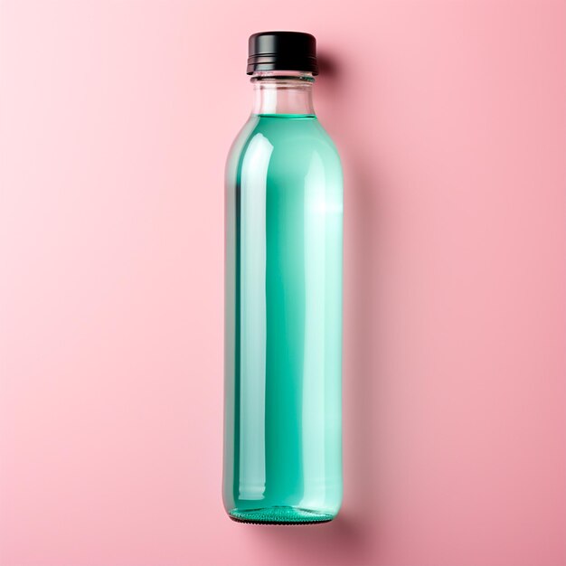Foto bottiglia d'acqua di vetro sul tavolo sfondo isolato pastello immagine generata dall'ai