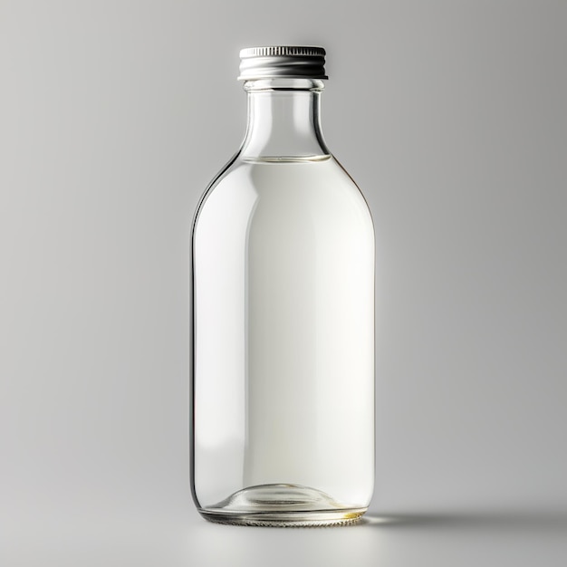 Glass bottle with blank label isolated on white background