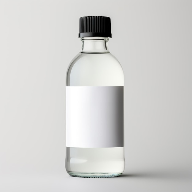 Glass bottle with blank label isolated on white background