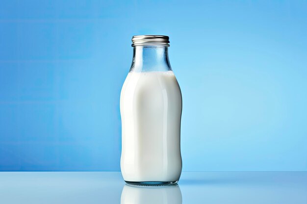 A glass bottle with full milk on blue background