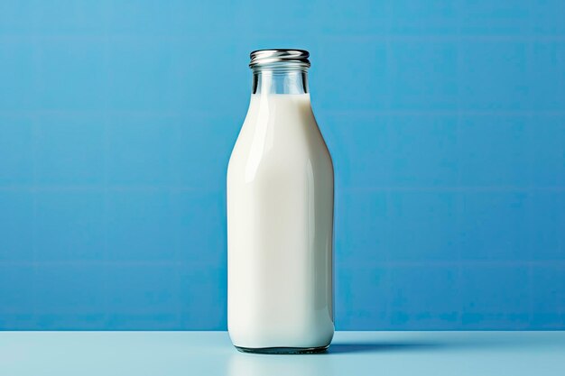 Photo a glass bottle with full milk on blue background