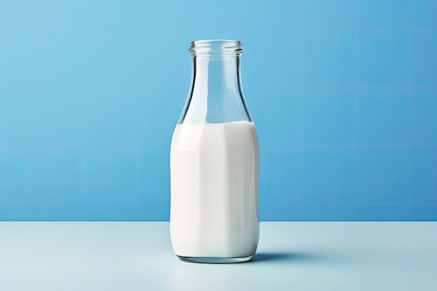 A glass bottle with full milk on blue background