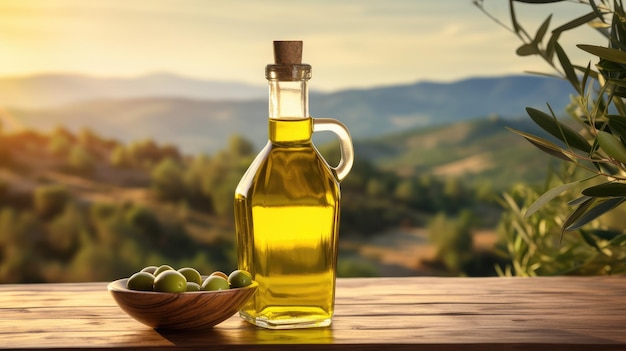 glass bottle with green olive oil overlooking hills with olive trees oil for cooking