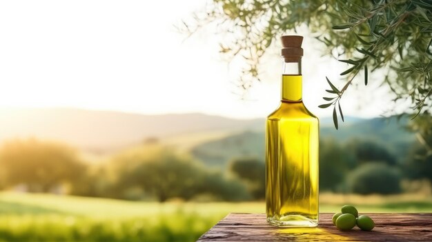 glass bottle with green olive oil overlooking hills with olive trees oil for cooking