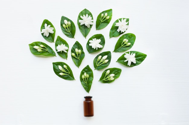 Glass Bottle with jasmine flower and leaves