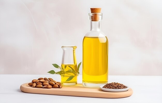 Glass bottle with jojoba oil and seeds on white wooden table sof