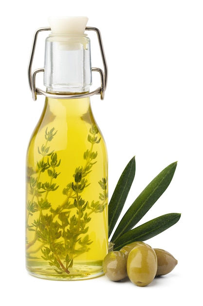 Glass bottle with olive oil isolated on white background