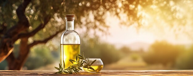 Photo glass bottle with olive oil and olive wood table in olive grove sun light generative ai