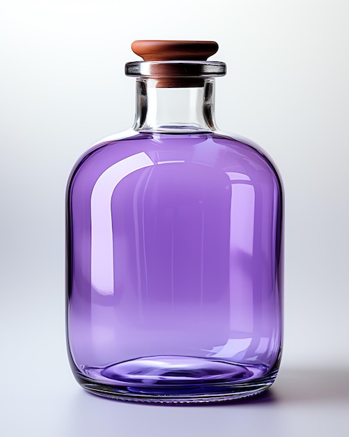 A glass bottle with a purple liquid