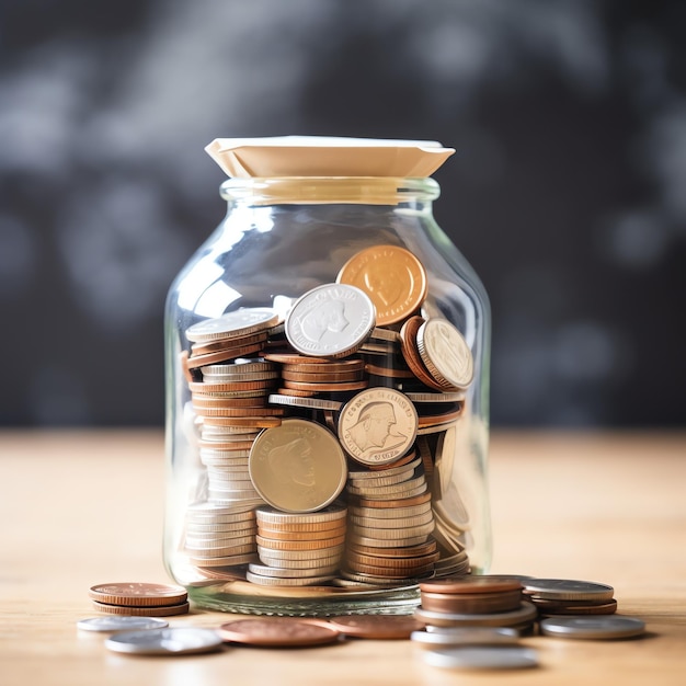 A glass bottle with stack of coins money and a graduation hat Saving money and educational success