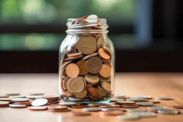 A glass bottle with stack of coins money and a graduation hat Saving money and educational success