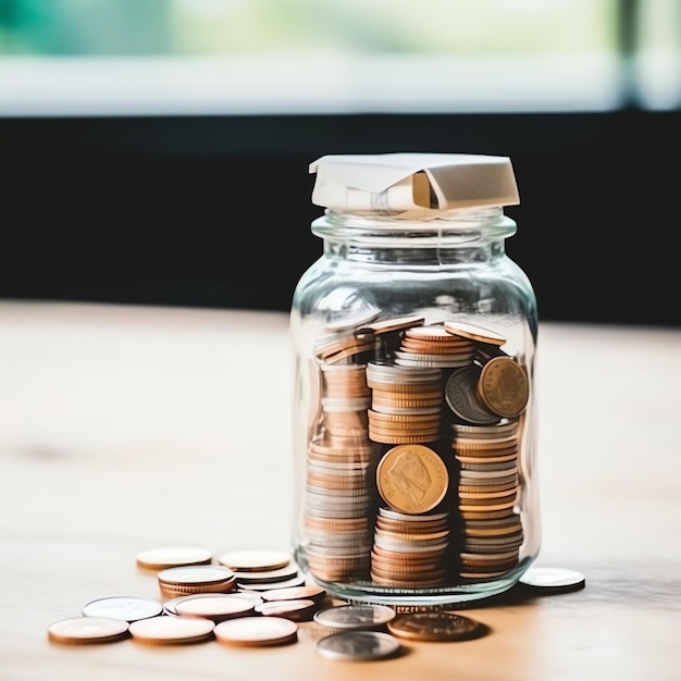 A glass bottle with stack of coins money and a graduation hat Saving money and educational success