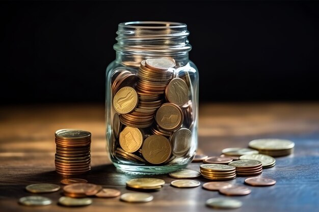 A glass bottle with stack of coins money and a graduation hat Saving money and educational success