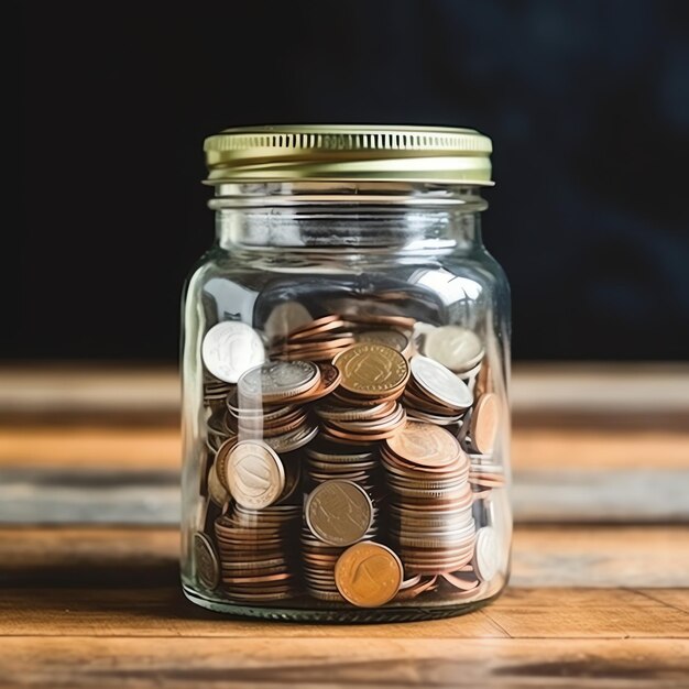 A glass bottle with stack of coins money and a graduation hat Saving money and educational success