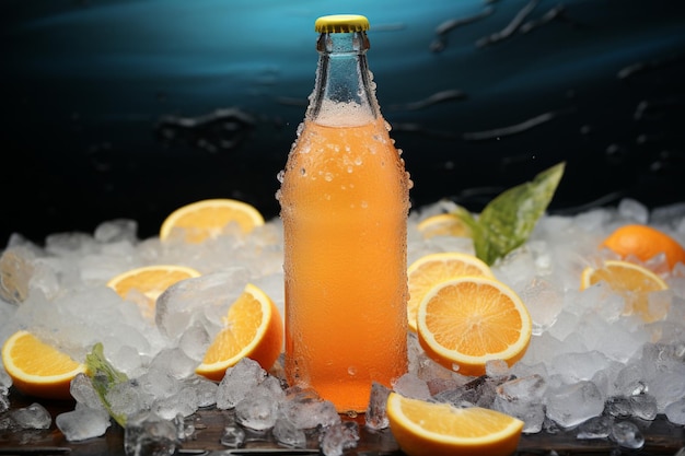 강한 오렌지 음료와 으깬 얼음이 들어 있는 유리병