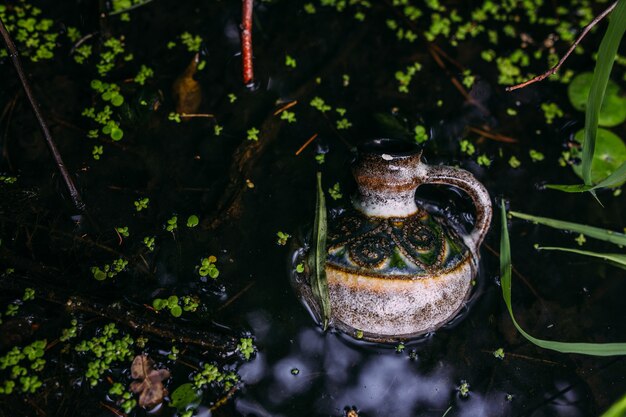 Glass bottles are filled with magic ingredients elixir mysterious lake