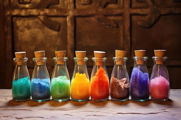 Glass bottles filled with colored bath salts against an earthen wall