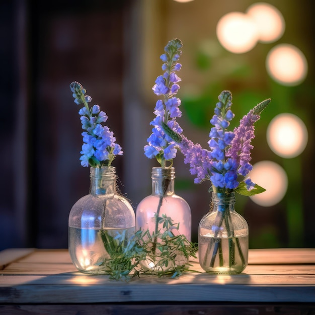 Photo glass bottles of flowers on table
