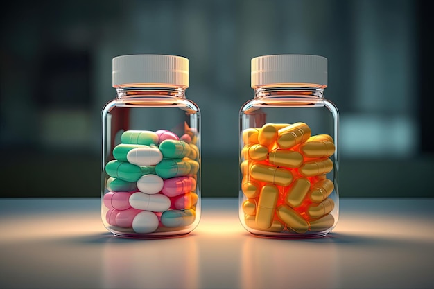 Glass bottles of pills on a surface