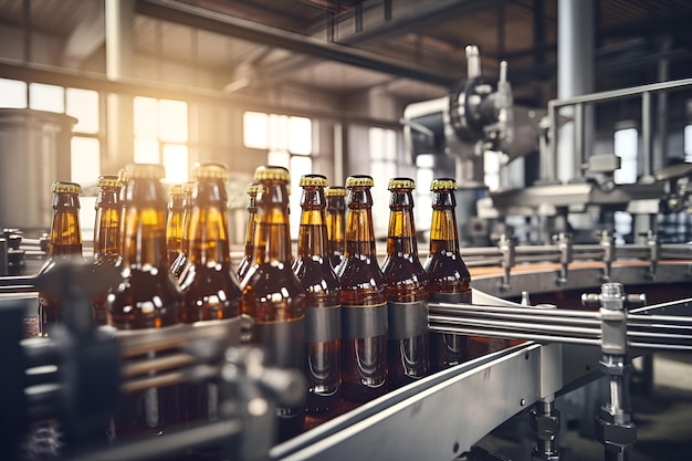 Glass bottles with beer in the factory
