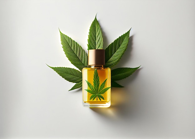 Glass bottles with CBD oil THC tincture and hemp leaves on a white background Flat lay minimalism AI Generated
