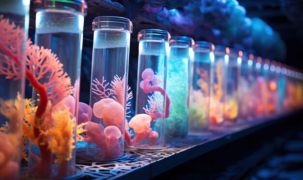 Glass bottles with corals on a dark background Selective soft focus