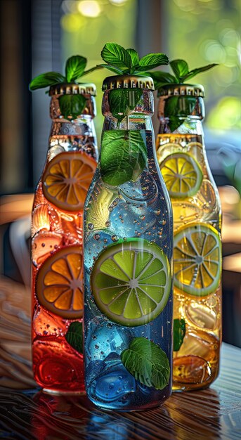 Foto bottiglie di vetro con diversi agrumi e bacche su un tavolo di legno