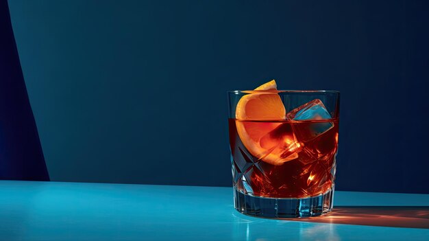 A glass of bourbon with ice cubes on a blue background.