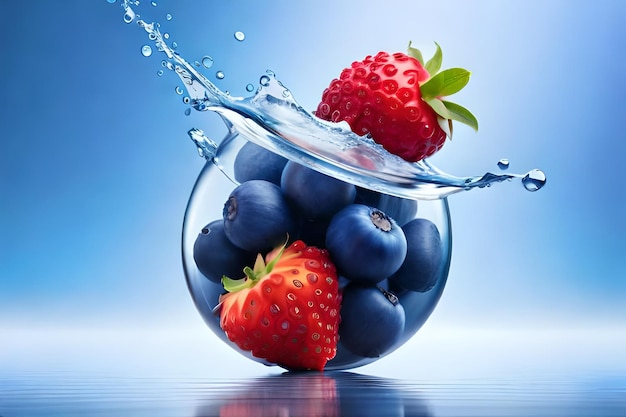 A glass bowl of blueberries and blueberries is filled with water.