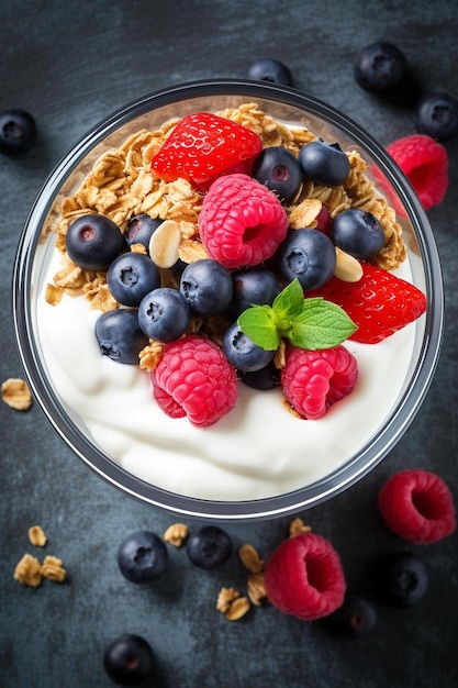 Photo a glass bowl of cereal with berries and milk