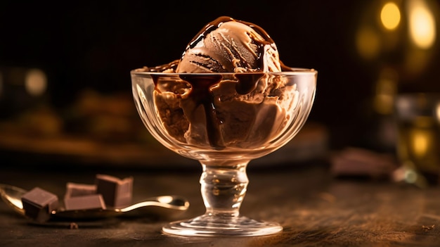 a glass bowl of chocolate ice cream