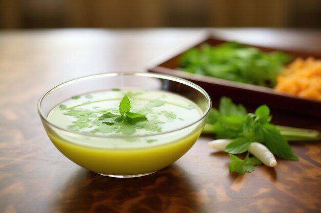 Ciotola di vetro di zuppa di edamame con ramo di coriandolo