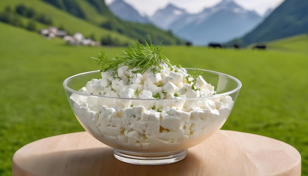 Foto una ciotola di vetro piena di formaggio cottage