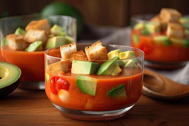 Glass bowl filled with gazpacho garnished with croutons and slices of avocado