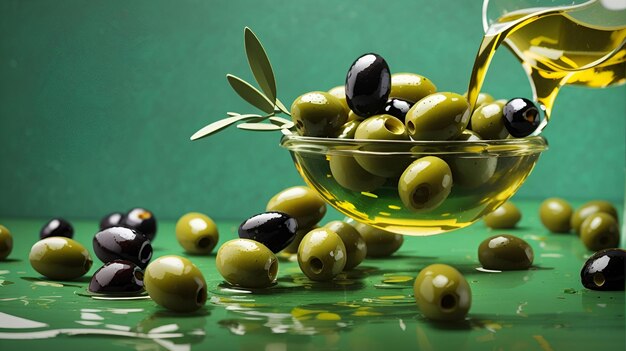 A glass bowl filled with olives and a bottle of olive oil