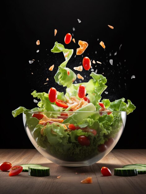 Photo glass bowl filled with salad display on wooden table