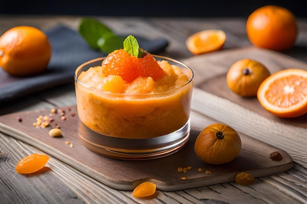 a glass bowl of food with oranges and seeds on a wooden table.