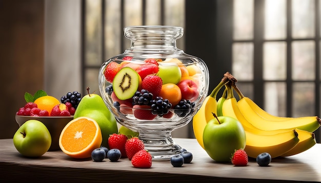 a glass bowl of fruit including a banana kiwi and kiwi