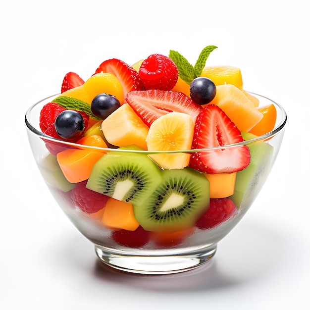 a glass bowl of fruit with a fruit salad in it
