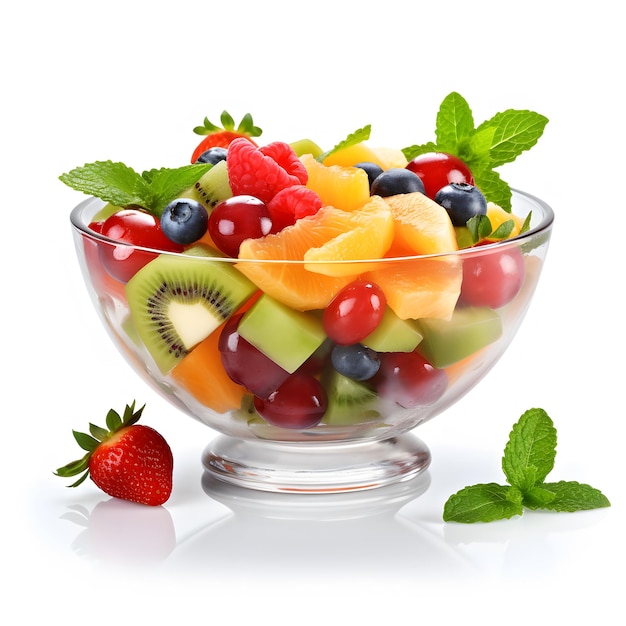 a glass bowl of fruit with a strawberries and a strawberries in it