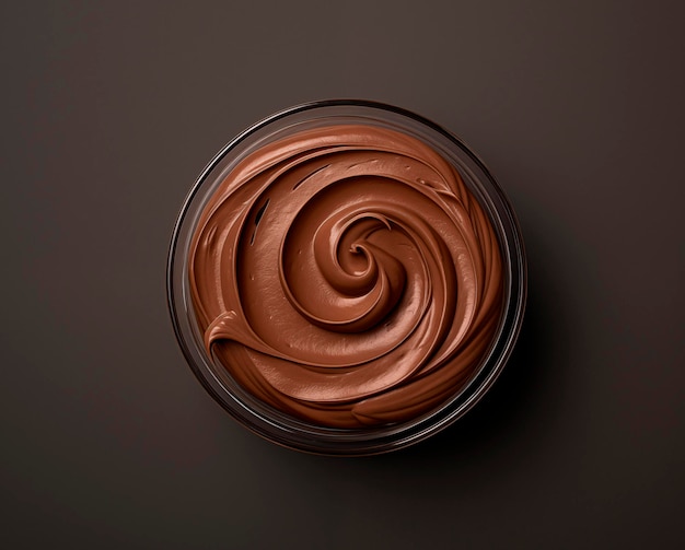 Glass bowl of hazelnut cream chocolate paste swirl on black background ai generated