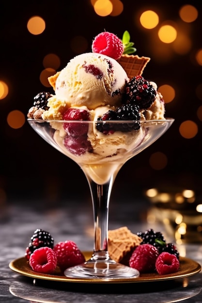 A glass bowl of ice cream with a black berry on top