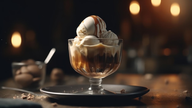 Стеклянная чаша мороженого с карамельным соусом и карамельным соусом сверху.
